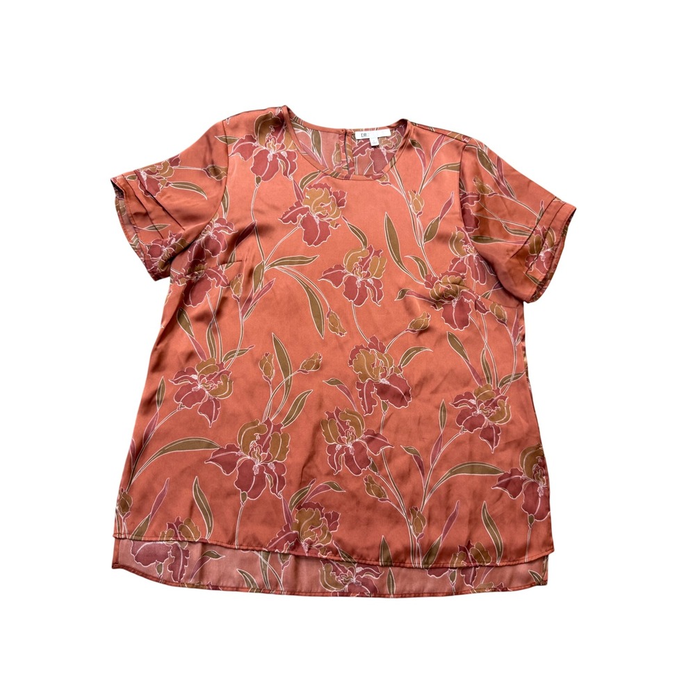 DR2 Blouse Womens Large Orange Excellent Floral Satin High-Low Short Sleeve Top